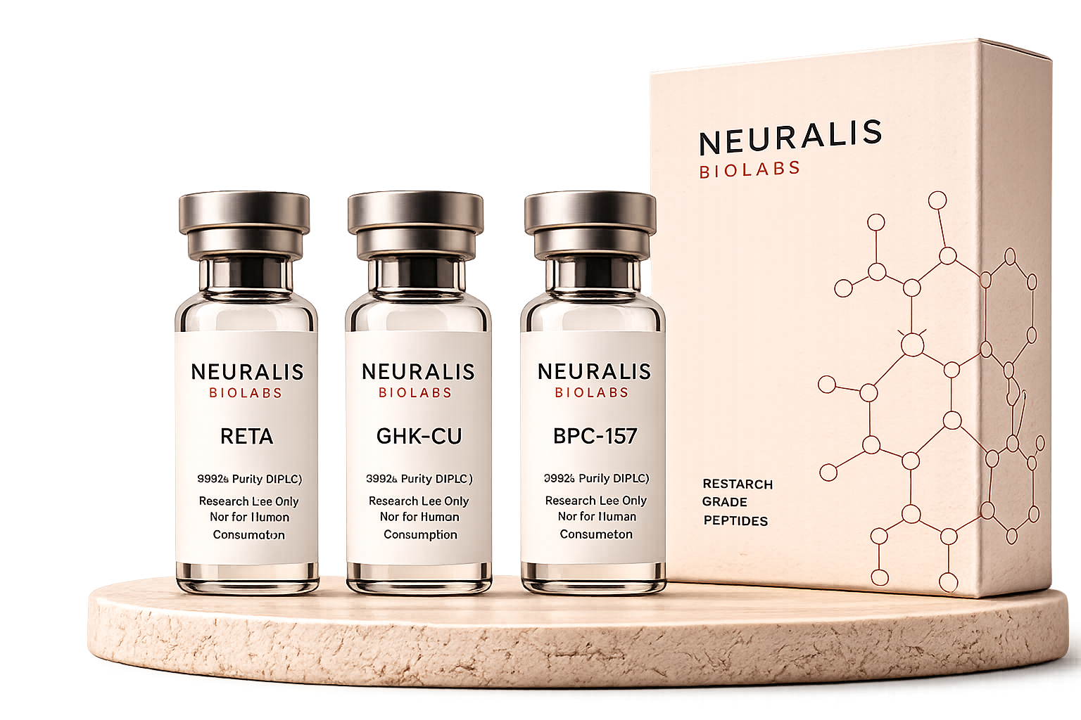 Three Neuralis BioLabs research-grade peptide vials (RETA, GHK-CU, BPC-157) on a travertine podium beside a kraft product box